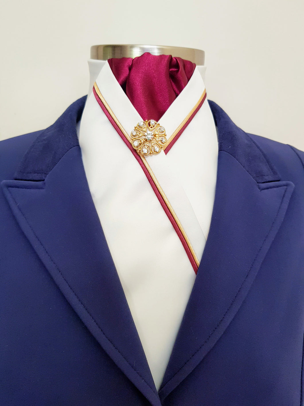 ERA RACHAEL STOCK TIE - Cream satin and burgundy, with gold & burgundy piping and gold brooch