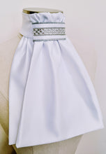 Load image into Gallery viewer, ERA EURO REGAL STOCK TIE - White satin, silver piping, crystal and pearl trim