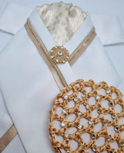 Load image into Gallery viewer, ERA RACHAEL STOCK TIE - White satin with gold metallic spot brocade, trim, piping and brooch