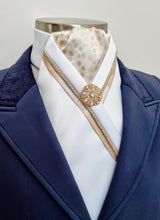 Load image into Gallery viewer, ERA RACHAEL STOCK TIE - White satin with gold metallic spot brocade, trim, piping and brooch