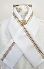 Load image into Gallery viewer, ERA RACHAEL STOCK TIE - White satin with gold metallic spot brocade, trim, piping and brooch