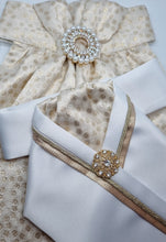 Load image into Gallery viewer, ERA RACHAEL STOCK TIE - White satin with gold metallic spot brocade, trim, piping and brooch