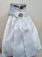 Load image into Gallery viewer, ERA EURO BELLE STOCK TIE - White lustre satin with lace frill and brooch
