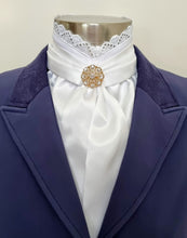 Load image into Gallery viewer, ERA EURO BELLE STOCK TIE - White lustre satin with lace frill and brooch

