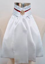 Load image into Gallery viewer, ERA EURO BELLE STOCK TIE - White lustre satin with lace frill and brooch - Coloured trim - burgundy, navy, royal blue, Black