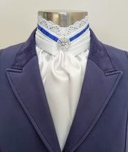 Load image into Gallery viewer, ERA EURO BELLE STOCK TIE - White lustre satin with lace frill and brooch - Coloured trim - burgundy, navy, royal blue, Black