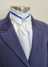 Load image into Gallery viewer, ERA EURO BELLE STOCK TIE - White lustre satin with lace frill and brooch - Coloured trim - burgundy, navy, royal blue, Black