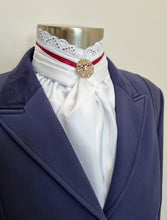 Load image into Gallery viewer, ERA EURO BELLE STOCK TIE - White lustre satin with lace frill and brooch - Coloured trim - burgundy, navy, royal blue, Black
