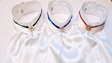 Load image into Gallery viewer, ERA EURO BELLE STOCK TIE - White lustre satin with lace frill and brooch - Coloured trim - burgundy, navy, royal blue, Black