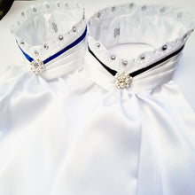 Load image into Gallery viewer, ERA EURO BELLE with PEARLS & CRYSTALS Stock Tie - White lustre satin with Royal blue trim, lace frill, pearl & crystal trim and brooch