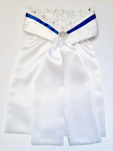 Load image into Gallery viewer, ERA EURO BELLE with PEARLS & CRYSTALS Stock Tie - White lustre satin with Royal blue trim, lace frill, pearl & crystal trim and brooch