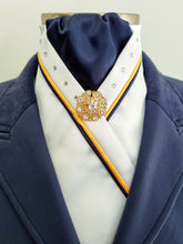 Load image into Gallery viewer, ERA SOPHIE STOCKTIE - White & navy with yellow & navy piping, Swarovski crystals and brooch