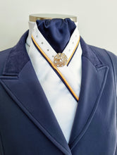 Load image into Gallery viewer, ERA SOPHIE STOCKTIE - White & navy with yellow & navy piping, Swarovski crystals and brooch