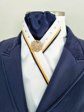 Load image into Gallery viewer, ERA SOPHIE STOCKTIE - White & navy with yellow & navy piping, Swarovski crystals and brooch