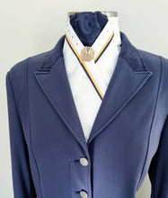 Load image into Gallery viewer, ERA SOPHIE STOCKTIE - White & navy with yellow & navy piping, Swarovski crystals and brooch