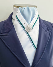 Load image into Gallery viewer, ERA SOPHIE STOCKTIE - White & pale blue with green & pale blue piping, crystals and brooch