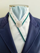 Load image into Gallery viewer, ERA SOPHIE STOCKTIE - White & pale blue with green & pale blue piping, crystals and brooch