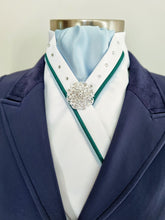 Load image into Gallery viewer, ERA SOPHIE STOCKTIE - White & pale blue with green & pale blue piping, crystals and brooch