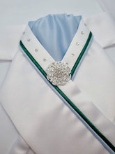 Load image into Gallery viewer, ERA SOPHIE STOCKTIE - White & pale blue with green & pale blue piping, crystals and brooch