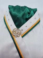 Load image into Gallery viewer, ERA SOPHIE STOCKTIE - White & forest green with yellow and green piping, crystals and gold brooch