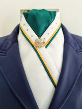 Load image into Gallery viewer, ERA SOPHIE STOCKTIE - White & forest green with yellow and green piping, crystals and gold brooch
