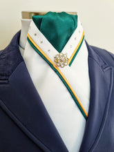 Load image into Gallery viewer, ERA SOPHIE STOCKTIE - White & forest green with yellow and green piping, crystals and gold brooch
