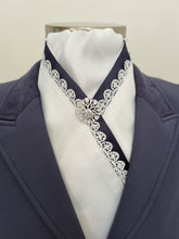 Load image into Gallery viewer, ERA ELLIE STOCK TIE - White satin with navy &amp; lace trim and brooch
