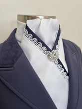 Load image into Gallery viewer, ERA ELLIE STOCK TIE - White satin with navy &amp; lace trim and brooch
