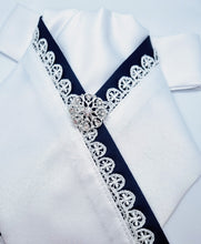 Load image into Gallery viewer, ERA ELLIE STOCK TIE - White satin with navy & lace trim and brooch