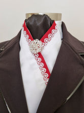 Load image into Gallery viewer, ERA ELLIE STOCK TIE - White &amp; black satin with red &amp; lace trim and brooch
