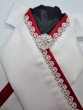 Load image into Gallery viewer, ERA ELLIE STOCK TIE - White &amp; black satin with red &amp; lace trim and brooch
