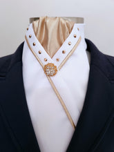 Load image into Gallery viewer, ERA SOPHIE STOCK TIE - White & metallic Rose gold with matching piping, Rose gold crystals & brooch