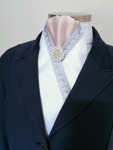 Load image into Gallery viewer, ERA ELLIE STOCK TIE - White & pale pink satin with grey & lace trim and brooch