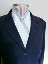 Load image into Gallery viewer, ERA ELLIE STOCK TIE - White & pale pink satin with grey & lace trim and brooch