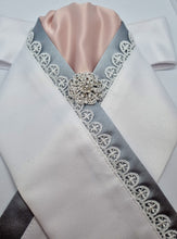 Load image into Gallery viewer, ERA ELLIE STOCK TIE - White & pale pink satin with grey & lace trim and brooch