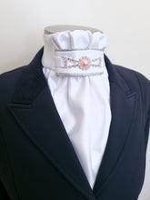 Load image into Gallery viewer, ERA EURO REGAL ISABEL STOCK TIE - White satin, silver piping, pink pearl embellishment