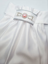 Load image into Gallery viewer, ERA EURO REGAL ISABEL STOCK TIE - White satin, silver piping, pink pearl embellishment