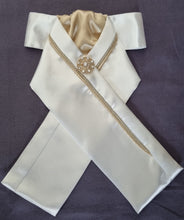 Load image into Gallery viewer, ERA RACHAEL STOCK TIE - White Lustre satin with champagne gold, piping trim & brooch