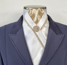 Load image into Gallery viewer, ERA RACHAEL STOCK TIE - White Lustre satin with champagne gold, piping trim & brooch