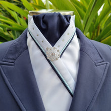 Load image into Gallery viewer, ERA SOPHIE STOCKTIE - White & navy with pale blue & navy piping, Swarovski crystals and brooch