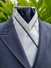 Load image into Gallery viewer, ERA SOPHIE STOCKTIE - White & navy with pale blue & navy piping, Swarovski crystals and brooch