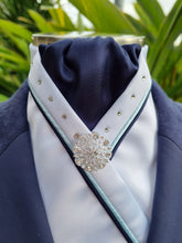 Load image into Gallery viewer, ERA SOPHIE STOCKTIE - White & navy with pale blue & navy piping, Swarovski crystals and brooch