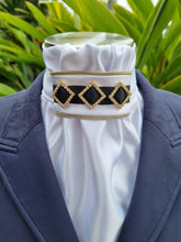 Load image into Gallery viewer, ERA EURO REGAL STOCK TIE - White satin, gold piping, black trim and gold crystal diamonds