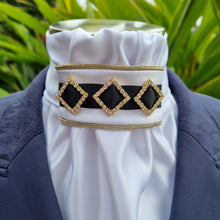 Load image into Gallery viewer, ERA EURO REGAL STOCK TIE - White satin, gold piping, black trim and gold crystal diamonds