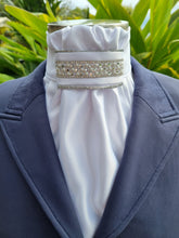 Load image into Gallery viewer, ERA EURO REGAL STOCK TIE - White satin, silver piping, crystal and pearl trim