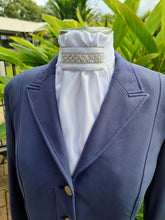 Load image into Gallery viewer, ERA EURO REGAL STOCK TIE - White satin, silver piping, crystal and pearl trim