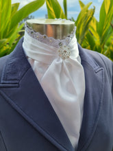 Load image into Gallery viewer, ERA EURO BELLE Stock Tie - White lustre satin with lace frill, pearls &amp; crystals and brooch
