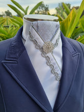 Load image into Gallery viewer, ERA ALEX STOCK TIE - White satin, silver pleated brocade, silver piping, silver Wave trim and brooch