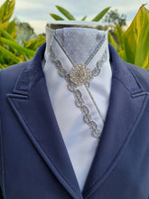 Load image into Gallery viewer, ERA ALEX STOCK TIE - White satin, silver pleated brocade, silver piping, silver Wave trim and brooch