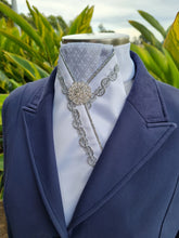 Load image into Gallery viewer, ERA ALEX STOCK TIE - White satin, silver pleated brocade, silver piping, silver Wave trim and brooch